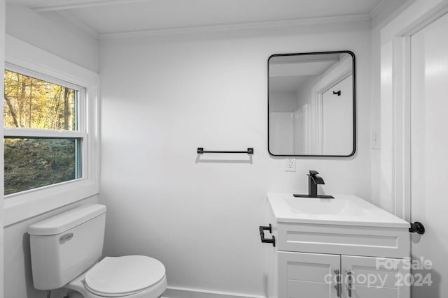 bathroom with vanity, toilet, and crown molding