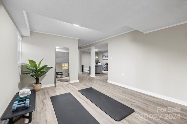 exercise area with a textured ceiling, light hardwood / wood-style floors, and crown molding