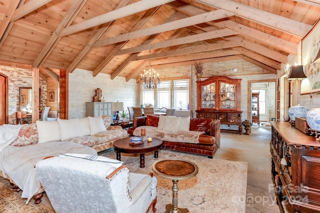 living room featuring wooden ceiling, lofted ceiling with beams, and an inviting chandelier