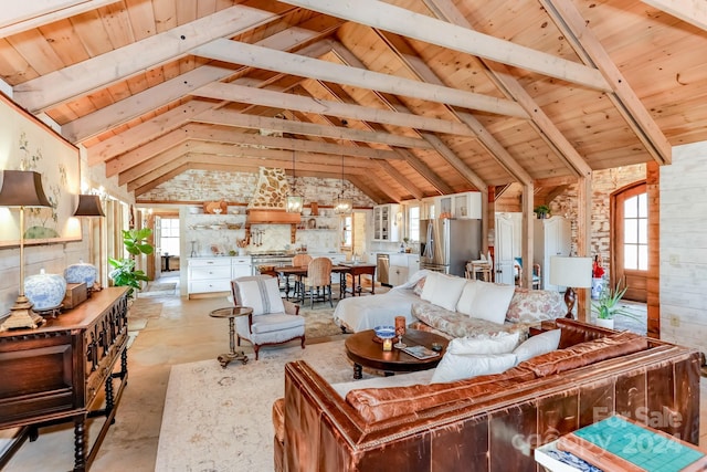 living room with beamed ceiling, high vaulted ceiling, and wooden ceiling