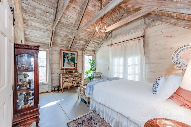 bedroom with lofted ceiling with beams, wooden ceiling, and wood walls