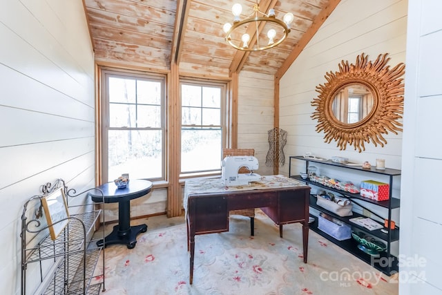 office featuring light carpet, a notable chandelier, vaulted ceiling, wooden walls, and wood ceiling