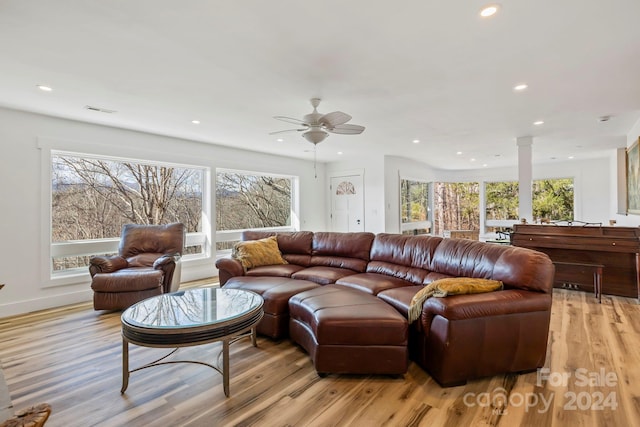 living room featuring light hardwood / wood-style floors, ceiling fan, and a healthy amount of sunlight