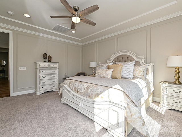 bedroom with ceiling fan, crown molding, and light carpet