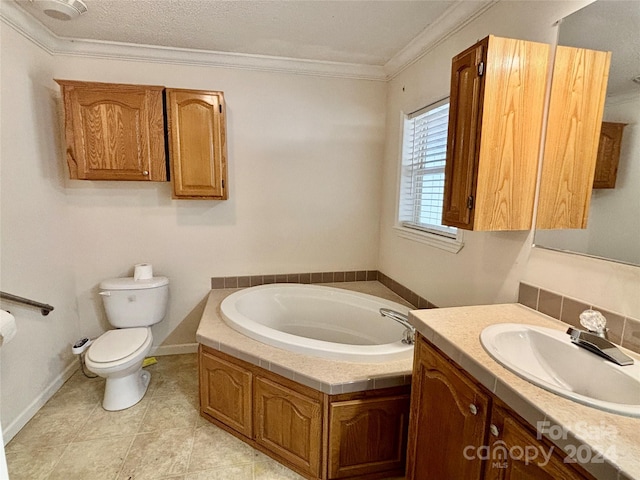 bathroom featuring a textured ceiling, toilet, ornamental molding, and a bath