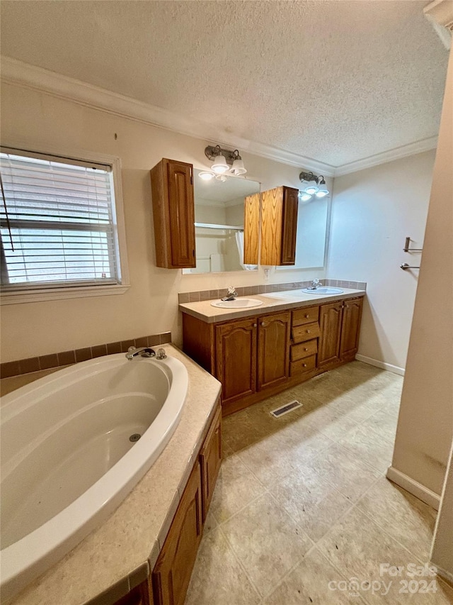 bathroom with crown molding, a washtub, vanity, and a textured ceiling