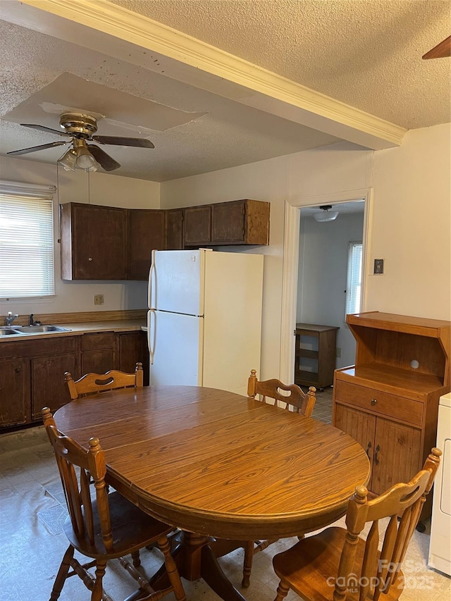 dining area with light floors, ceiling fan, and a textured ceiling