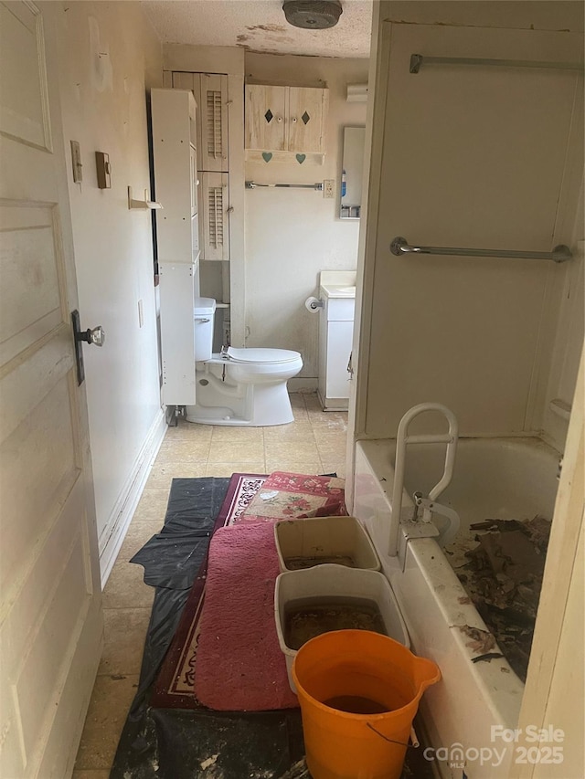 full bath with a textured ceiling, tile patterned flooring, toilet, a shower, and a tub