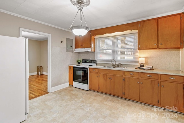 kitchen featuring crown molding, white appliances, sink, and hanging light fixtures