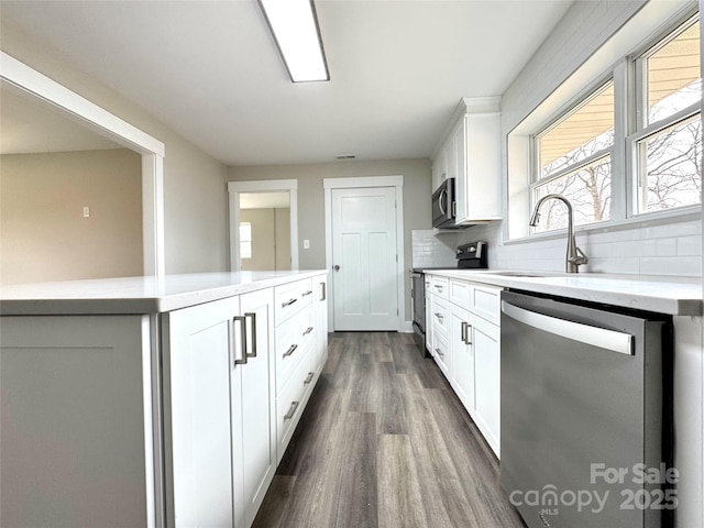 kitchen with sink, white cabinetry, stainless steel appliances, dark hardwood / wood-style floors, and tasteful backsplash