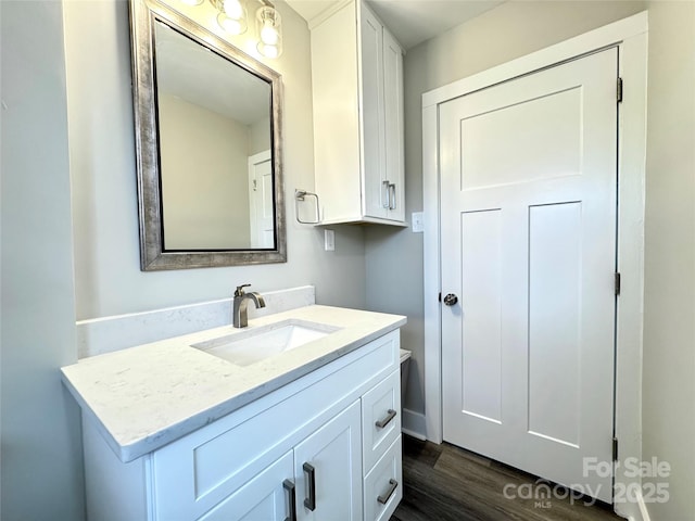 bathroom with hardwood / wood-style flooring and vanity