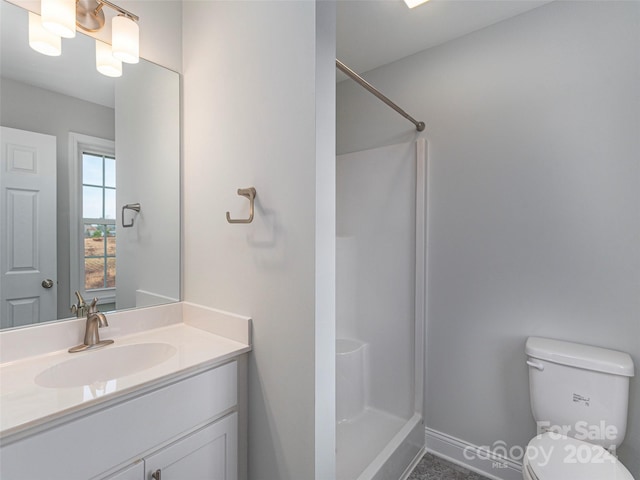 bathroom with a shower, vanity, and toilet