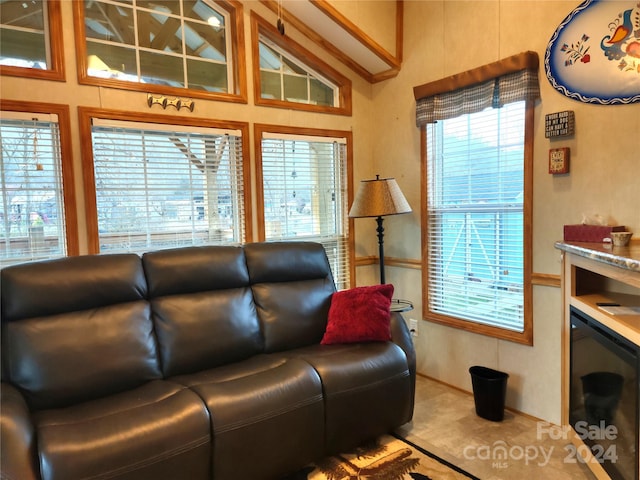 living room with lofted ceiling and bar area