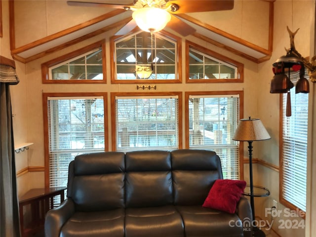 living room featuring ceiling fan and vaulted ceiling