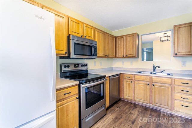 kitchen with dark wood-style flooring, appliances with stainless steel finishes, light countertops, and a sink