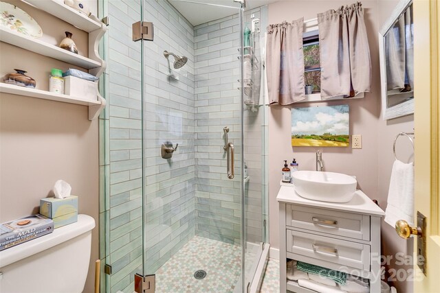 bathroom with vanity, an enclosed shower, and toilet