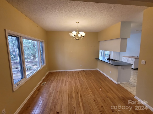 unfurnished dining area featuring a chandelier, a textured ceiling, light wood-type flooring, and sink