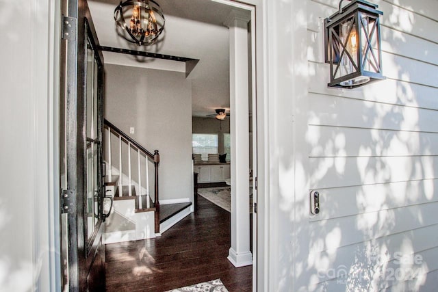 entrance foyer with dark hardwood / wood-style floors and ceiling fan