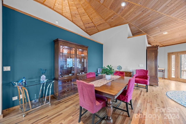 dining space featuring lofted ceiling, light wood-type flooring, and wood ceiling