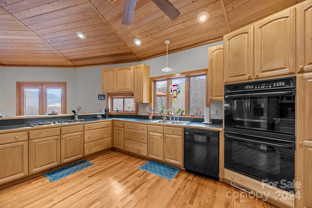 kitchen featuring light brown cabinetry, sink, black appliances, light hardwood / wood-style flooring, and wooden ceiling