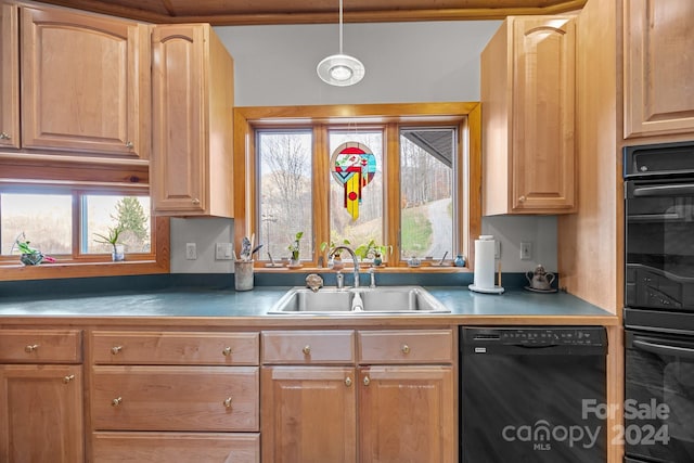 kitchen featuring black appliances, pendant lighting, and sink