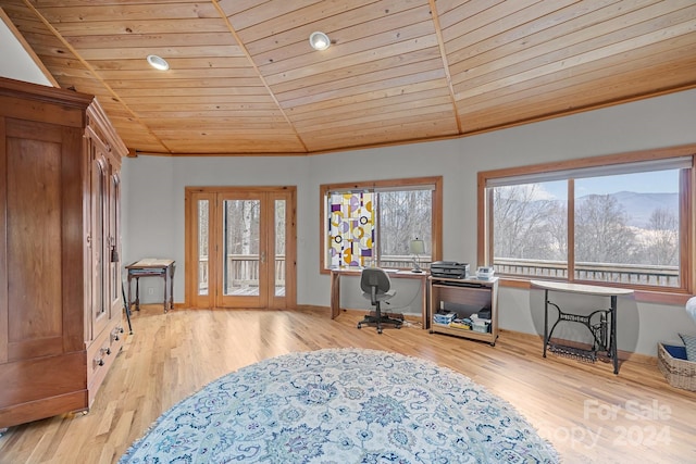 home office featuring a mountain view, light hardwood / wood-style floors, wooden ceiling, and a wealth of natural light