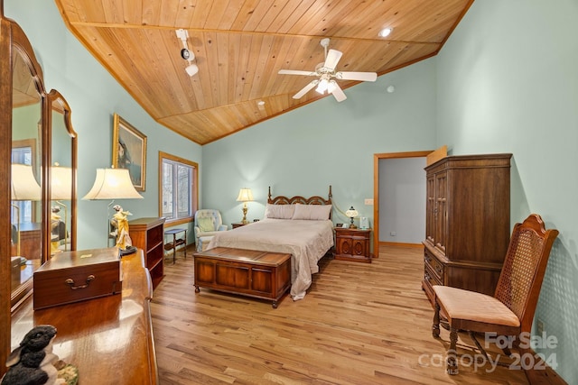 bedroom featuring high vaulted ceiling, light hardwood / wood-style flooring, ceiling fan, and wood ceiling