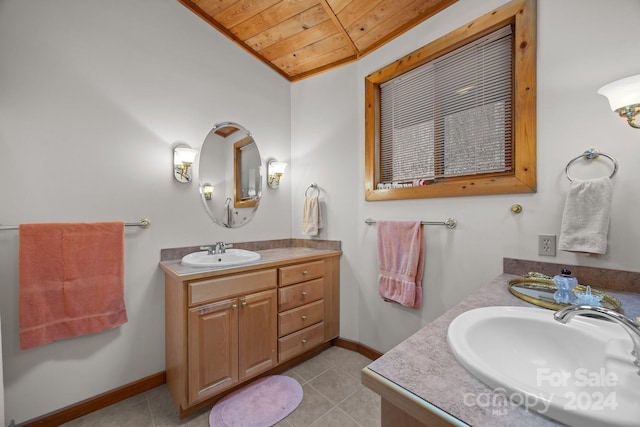 bathroom featuring tile patterned floors, vanity, and wooden ceiling