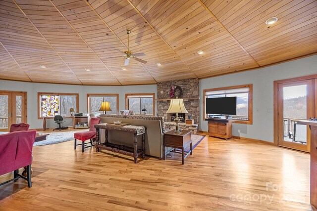 417 Quiet Forest Ln, Sylva, NC 28779 - living room featuring recessed lighting, ceiling fan, light wood-style flooring, wood ceiling, and baseboards