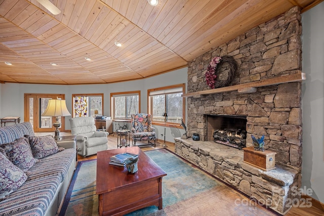 417 Quiet Forest Ln, Sylva, NC 28779 - living area with wooden ceiling, a stone fireplace, and recessed lighting
