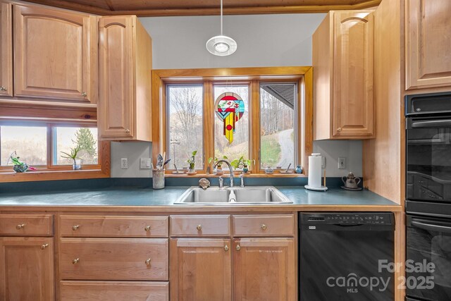 417 Quiet Forest Ln, Sylva, NC 28779 - kitchen with a sink, light brown cabinets, black appliances, and decorative light fixtures
