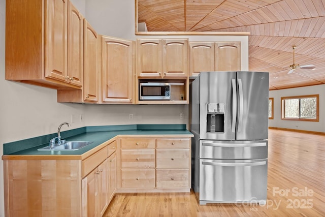 417 Quiet Forest Ln, Sylva, NC 28779 - kitchen featuring stainless steel appliances, a sink, wood ceiling, and light brown cabinets