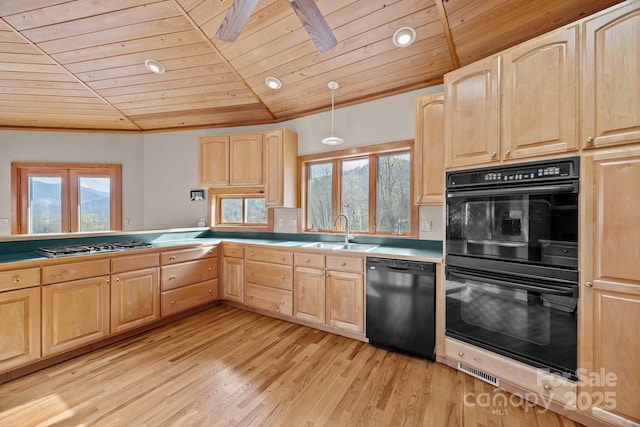 417 Quiet Forest Ln, Sylva, NC 28779 - kitchen featuring a sink, wooden ceiling, black appliances, light wood finished floors, and light brown cabinets