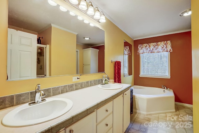 bathroom featuring vanity, a bathtub, and ornamental molding