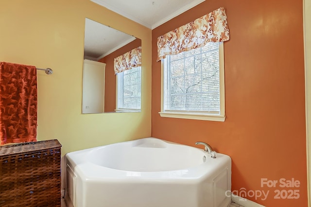 bathroom with a bath and crown molding