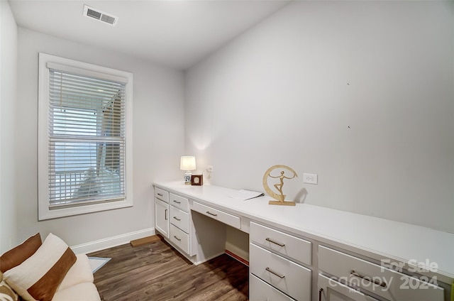 home office with dark hardwood / wood-style flooring and built in desk