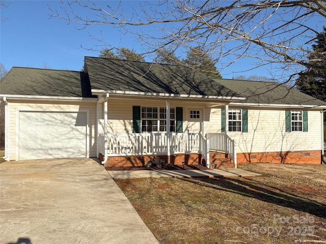 view of front of property featuring driveway, roof with shingles, crawl space, an attached garage, and a porch