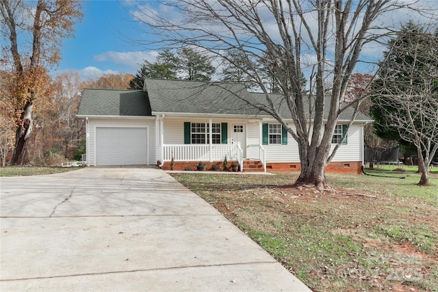 single story home featuring an attached garage, covered porch, a shingled roof, driveway, and crawl space