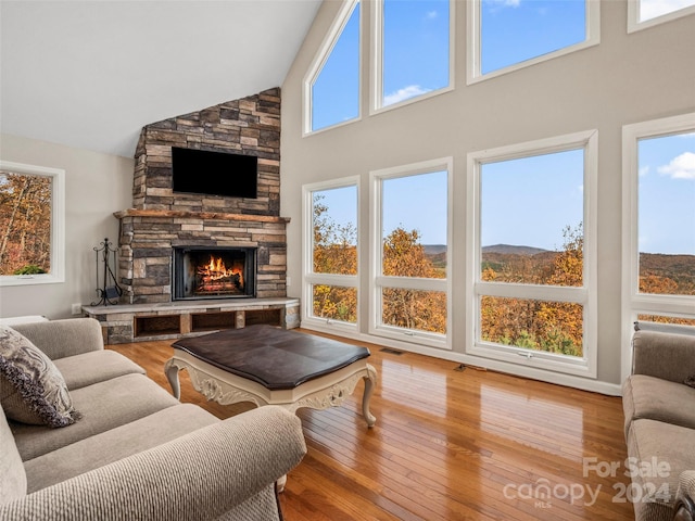 living room with light hardwood / wood-style floors, a stone fireplace, and high vaulted ceiling