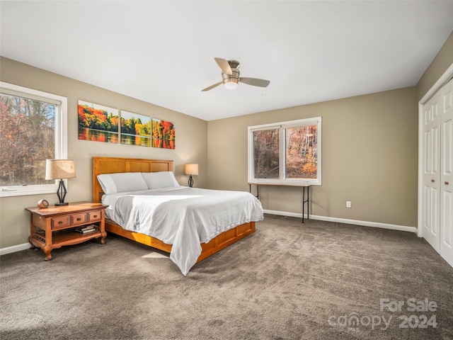 bedroom featuring carpet floors, a closet, and ceiling fan