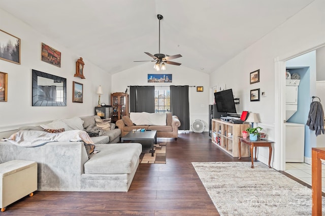 living room with dark hardwood / wood-style floors, ceiling fan, and lofted ceiling