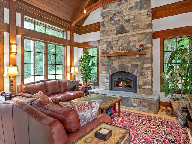 living room with wood ceiling, a fireplace, wood-type flooring, high vaulted ceiling, and beam ceiling