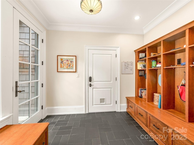 mudroom featuring ornamental molding