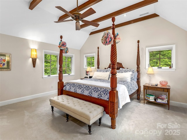 bedroom featuring ceiling fan, carpet, and lofted ceiling with beams