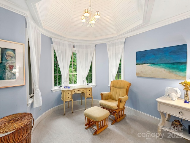 living area featuring lofted ceiling, carpet, crown molding, and a notable chandelier