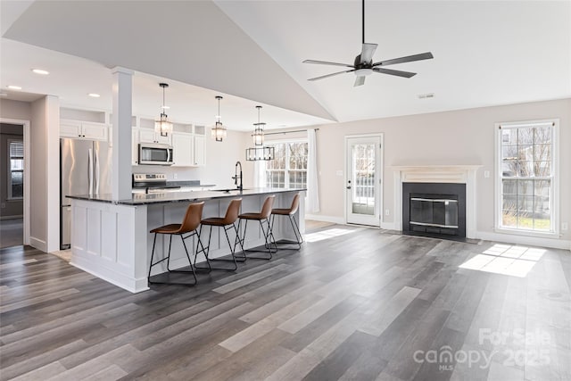 kitchen with a fireplace with flush hearth, a large island, a sink, white cabinetry, and stainless steel appliances