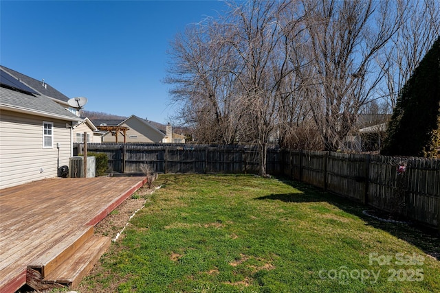 view of yard featuring a deck and a fenced backyard