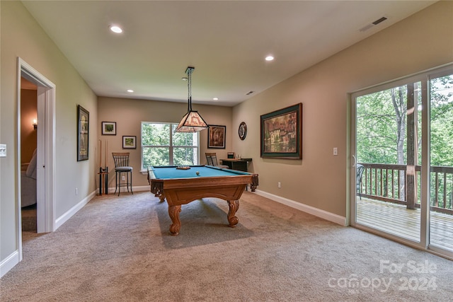 rec room with carpet, a healthy amount of sunlight, and billiards