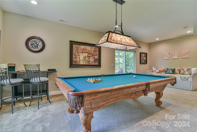 game room with light carpet and billiards