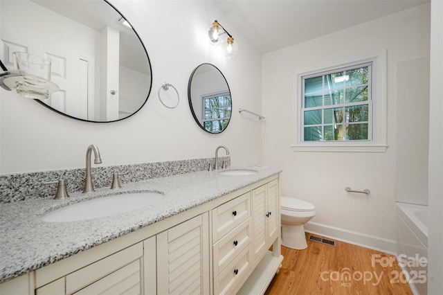 bathroom featuring hardwood / wood-style flooring, vanity, and toilet